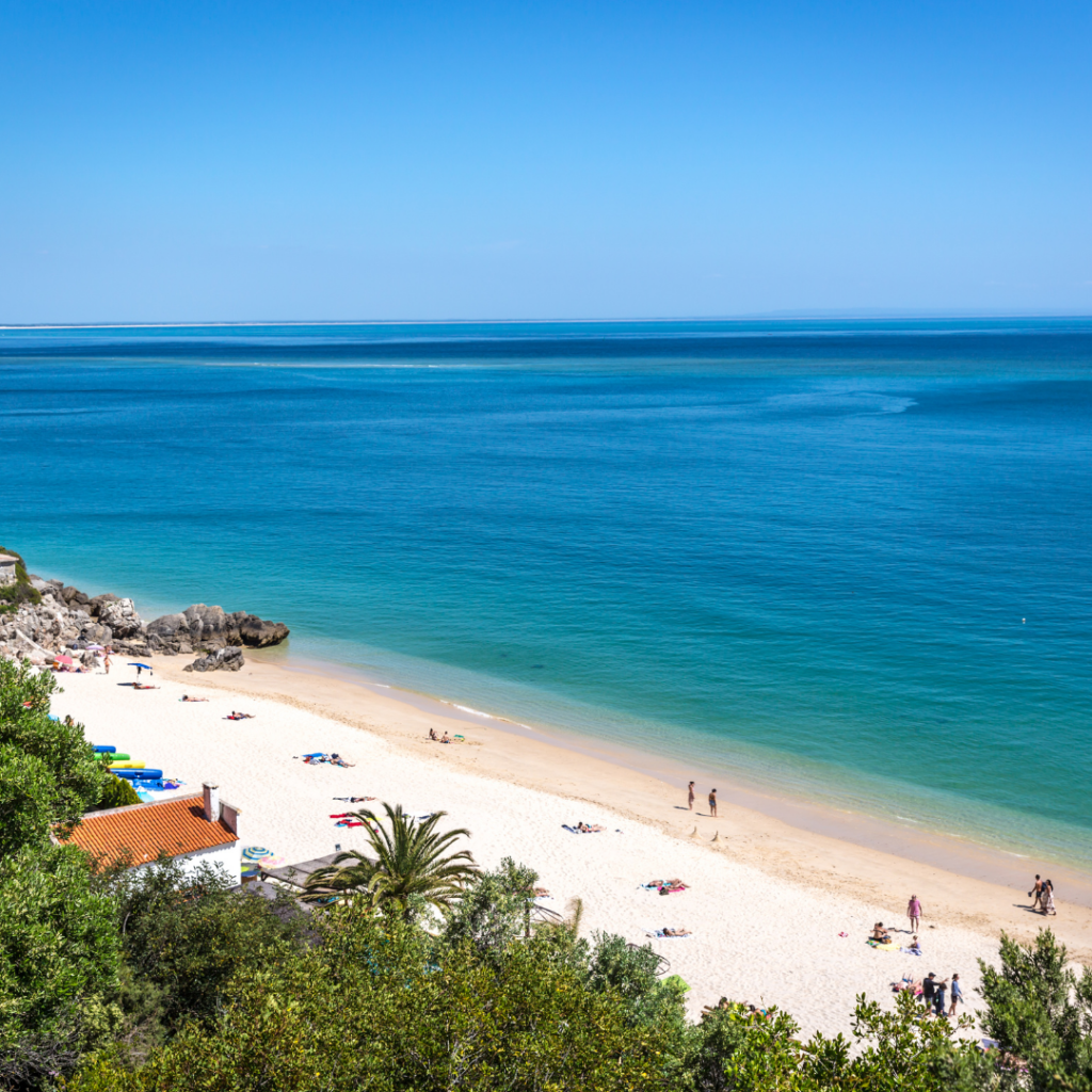 Portugal's hidden beach: Turquoise waters, white sand, palm trees, serene beauty under the sun.